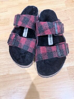 Birkenstock Arizona style Black Footbed with Red & Black Plaid Two-Strap Sandals